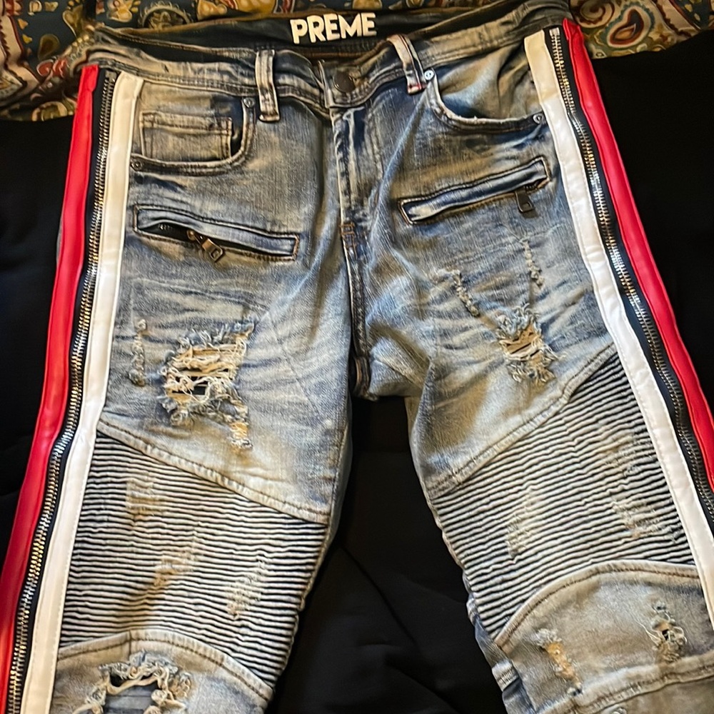 Preme Jeans Red and White Faux Leather Stripes